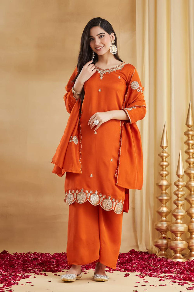 Orange Embroidered Silk Kurti Pant Set (ACA6157)