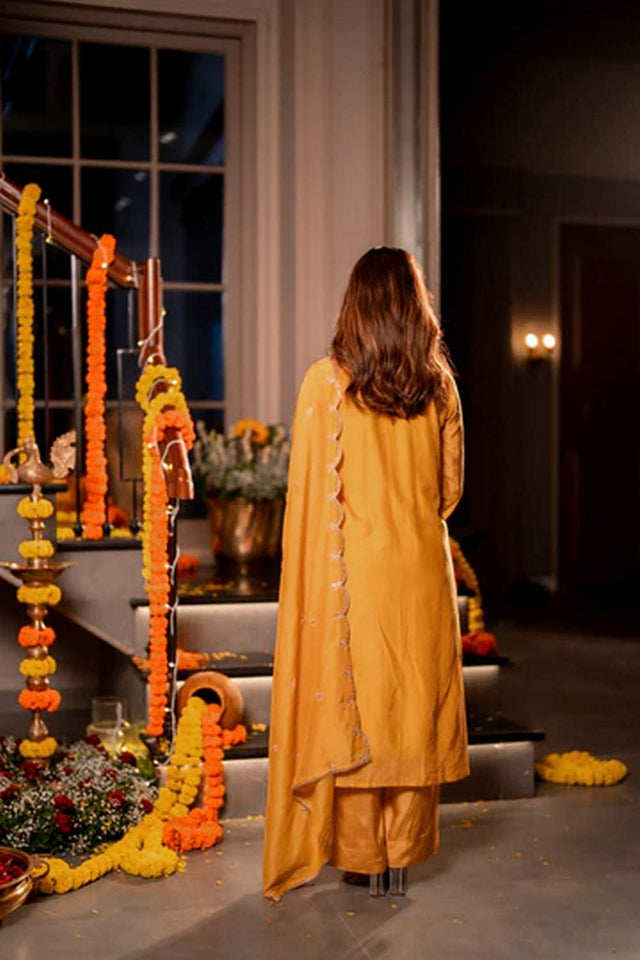 Mustard Floral Embroidered Chanderi Kurti Pant Set (ACA6162)