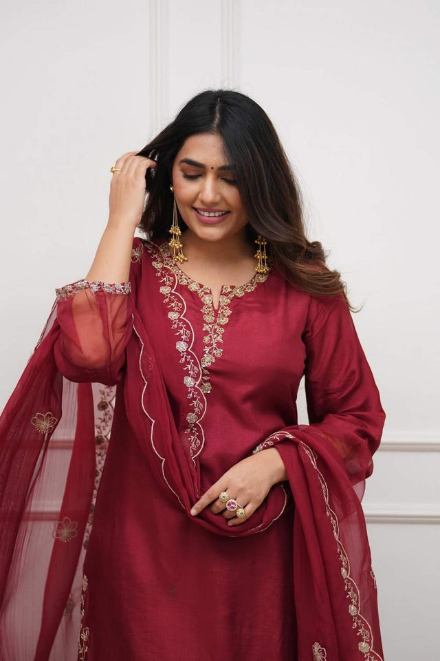 Maroon Floral Embroidered Chanderi Kurti Pant Set
