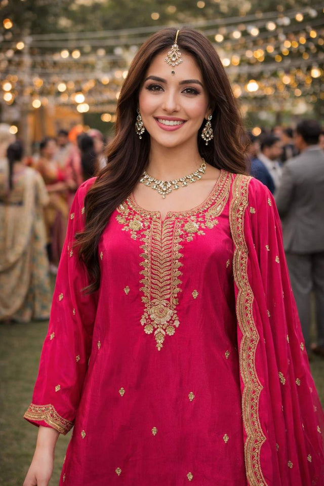 Pink Floral Embroidered Viscose Palazzo Suits (ACA6175)