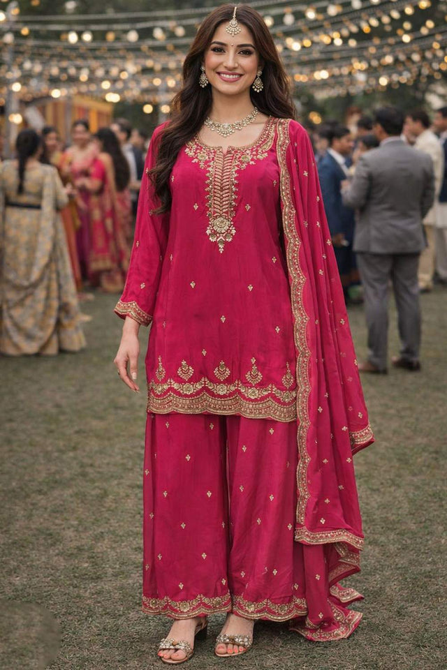 Pink Floral Embroidered Viscose Palazzo Suits (ACA6175)