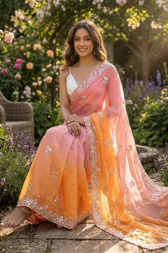 Pink & Orange Sequin Pixel Crush Saree (ACA6180)
