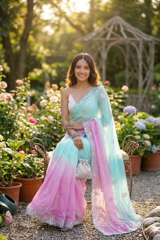Sea Green & Pink Sequin Pixel Crush Saree (ACA6182)