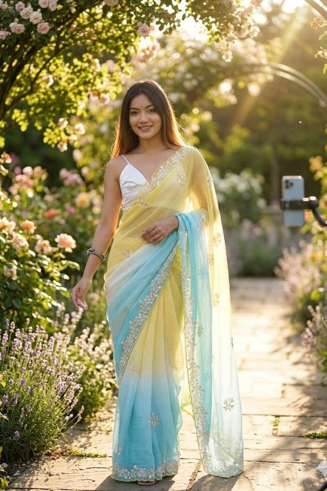 Yellow & Sky Blue Sequin Pixel Crush Saree (ACA6184)