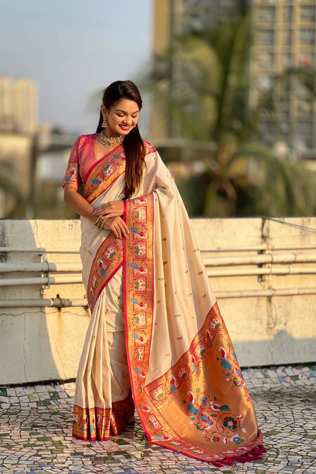 Cream Woven Paithani Silk Saree (ACA6185)