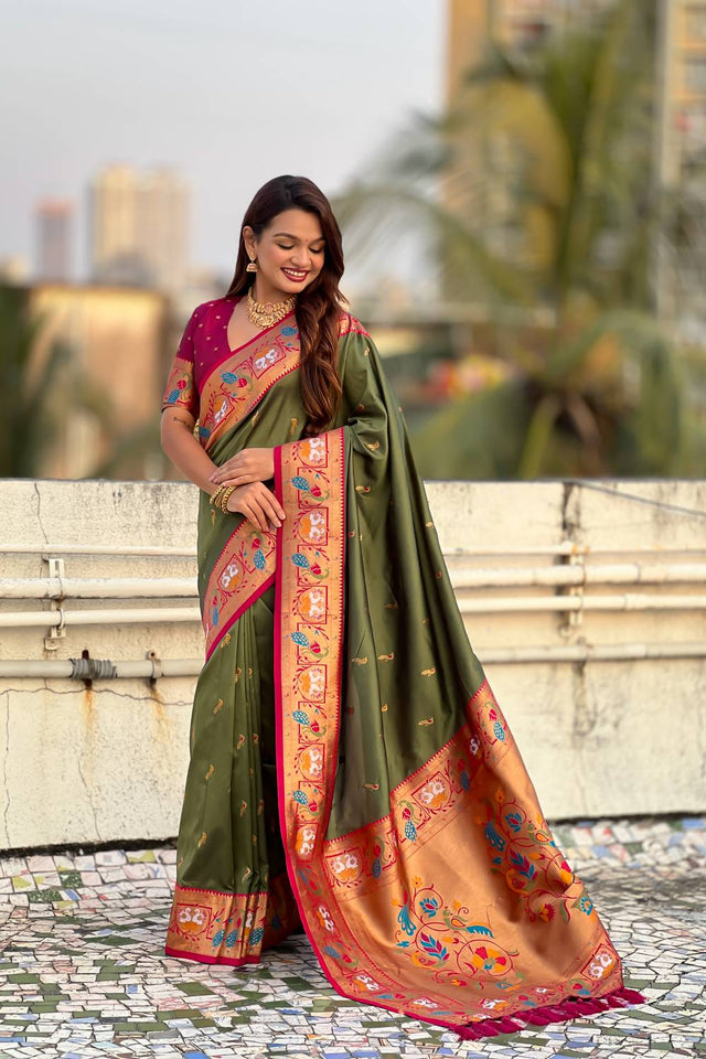 Mehendi Woven Paithani Silk Saree (ACA6186)