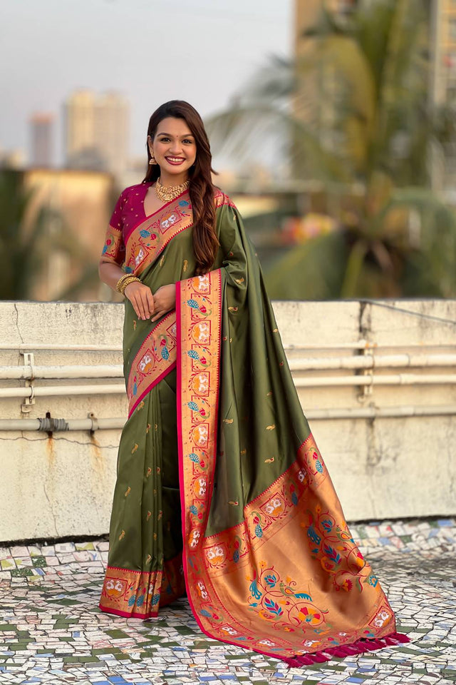Mehendi Woven Paithani Silk Saree (ACA6186)
