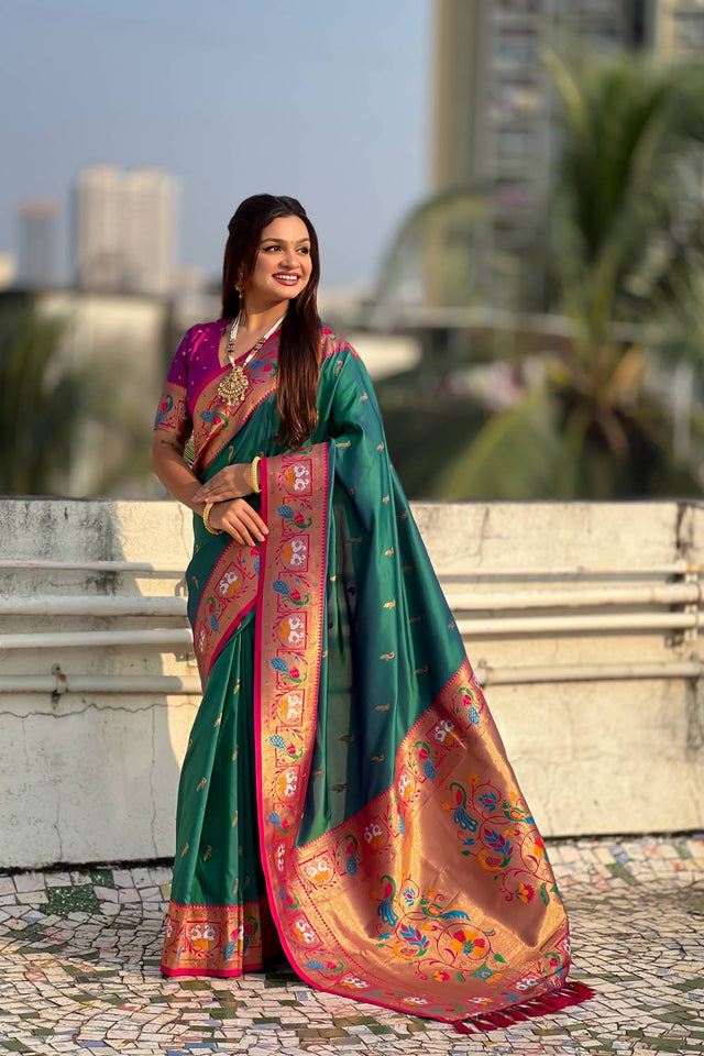 Turquoise Woven Paithani Silk Saree (ACA6188)