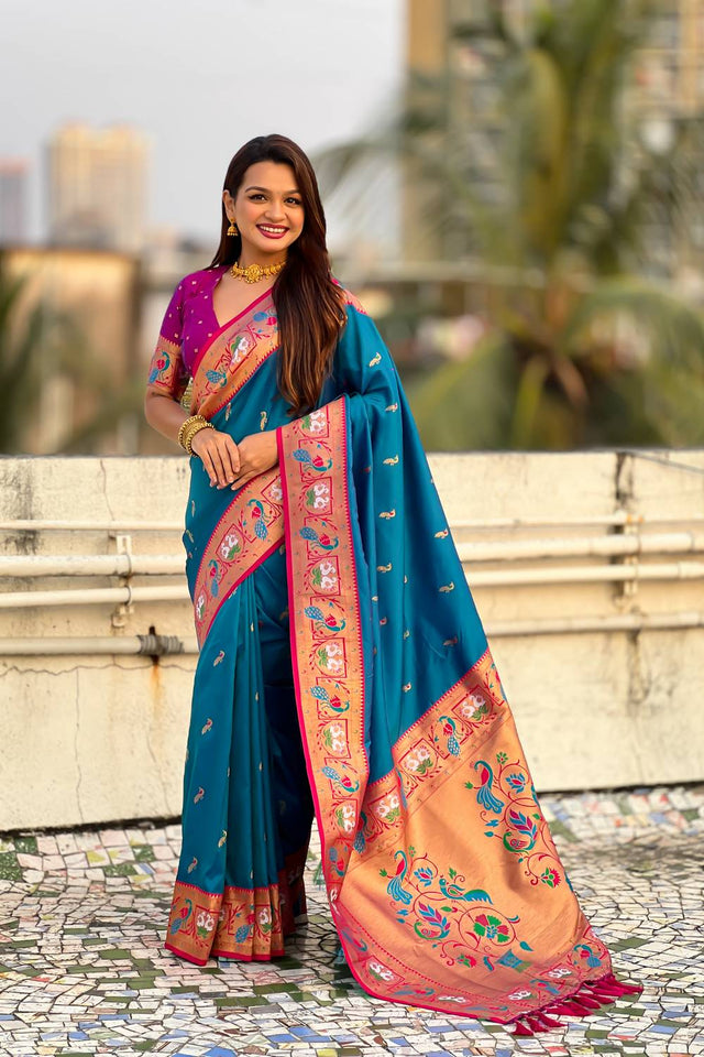 Blue Woven Paithani Silk Saree (ACA6191)