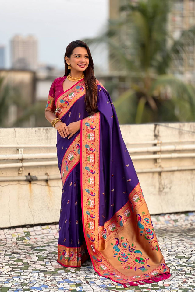 Violet Woven Paithani Silk Saree (ACA6193)