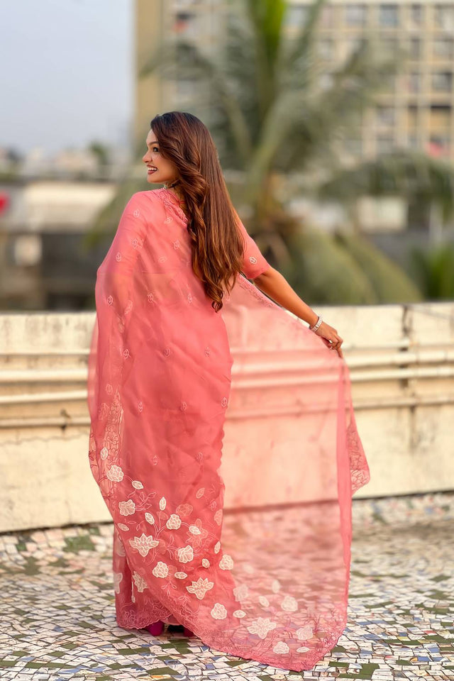 Orange Floral Embroidered Chanda Kora Silk Saree (ACA6195)