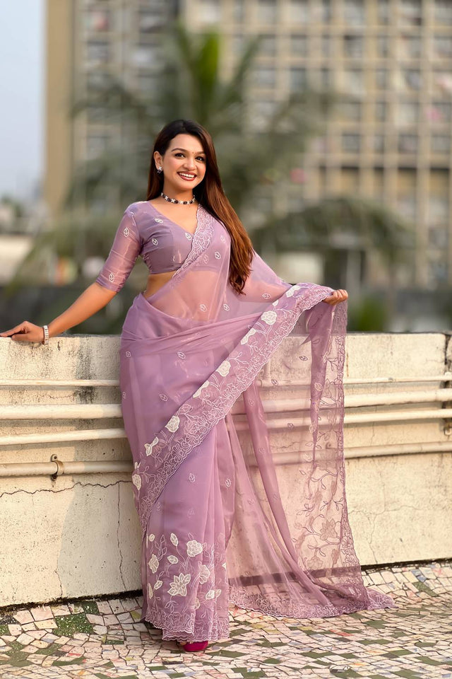 Lavender Floral Embroidered Chanda Kora Silk Saree (ACA6196)