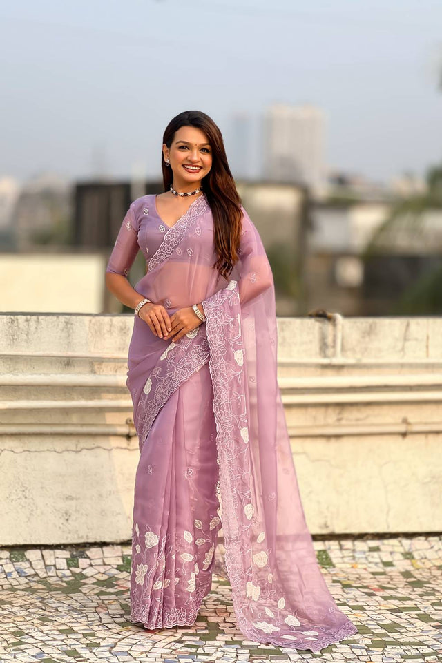 Lavender Floral Embroidered Chanda Kora Silk Saree (ACA6196)