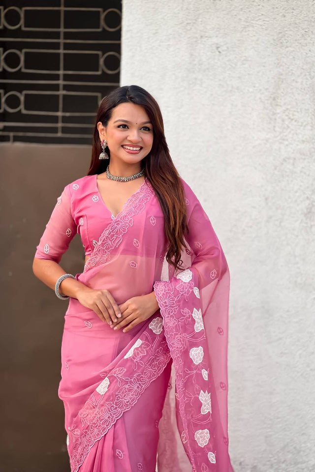 Pink Floral Embroidered Chanda Kora Silk Saree (ACA6197)
