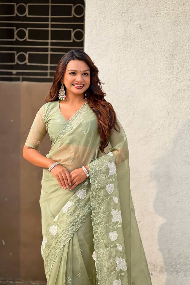 Green Floral Embroidered Chanda Kora Silk Saree (ACA6198)