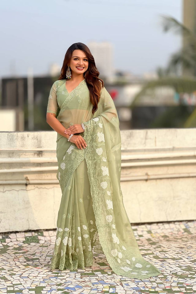 Green Floral Embroidered Chanda Kora Silk Saree (ACA6198)