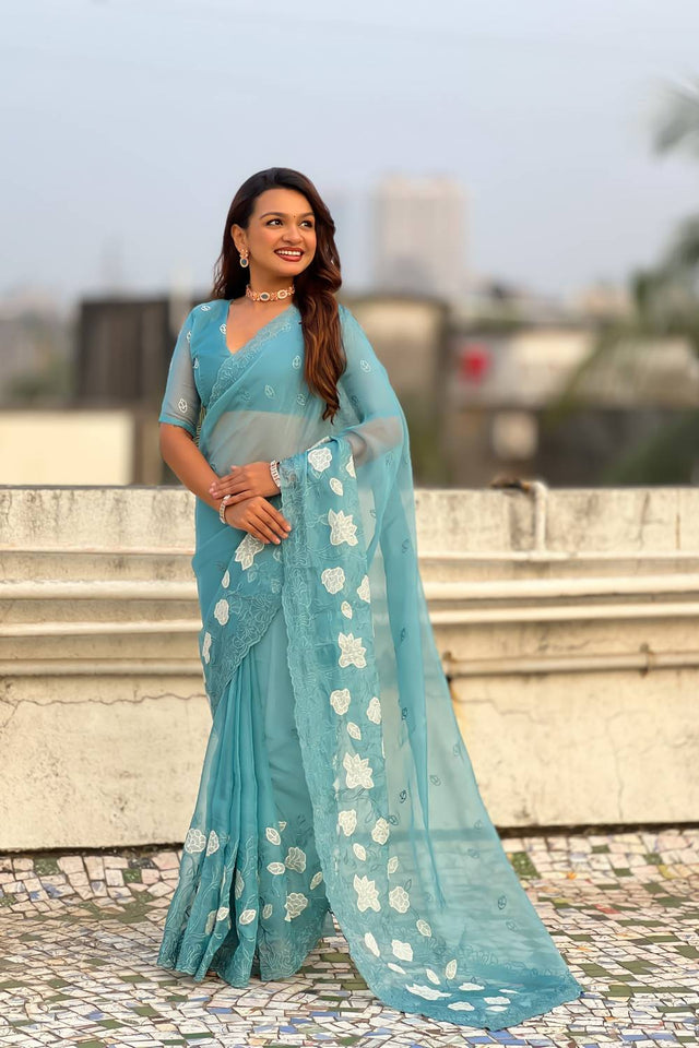 Sky Blue Floral Embroidered Chanda Kora Silk Saree (ACA6199)