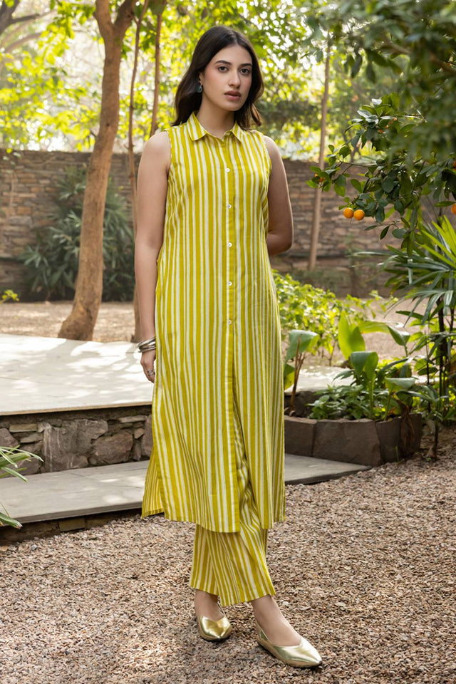 Mustard Striped Printed Cotton Co-Ord Set (ACA6211)