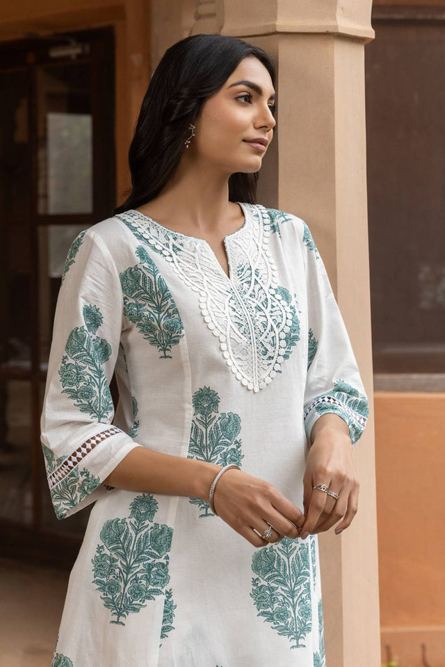 White Floral Printed Cotton Co-Ord Set (ACA6214)