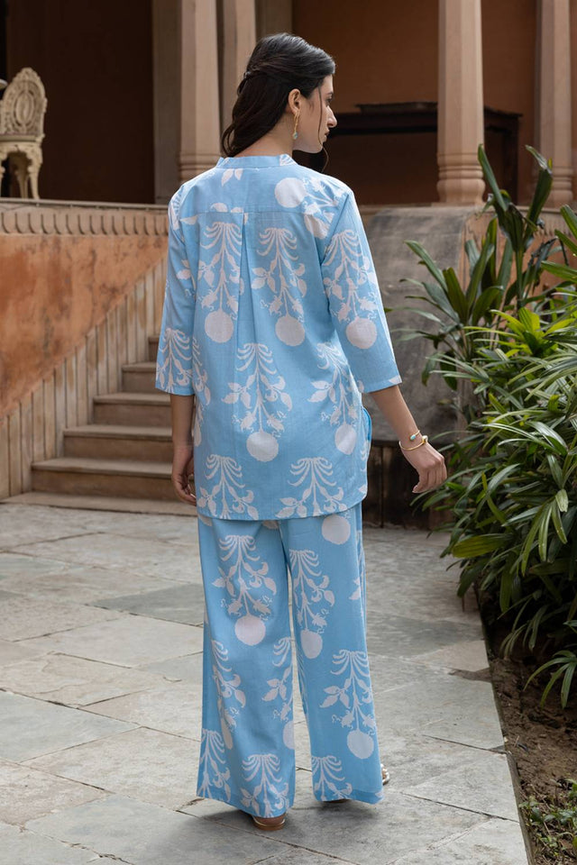 Sky Blue Floral Printed Cotton Co-Ord Set (ACA6215)