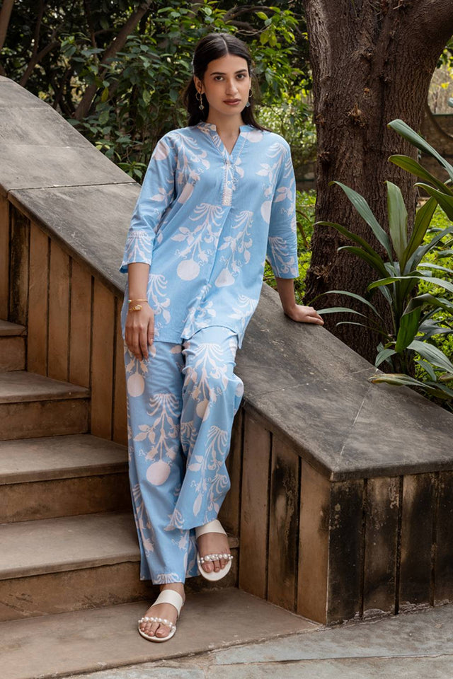 Sky Blue Floral Printed Cotton Co-Ord Set (ACA6215)