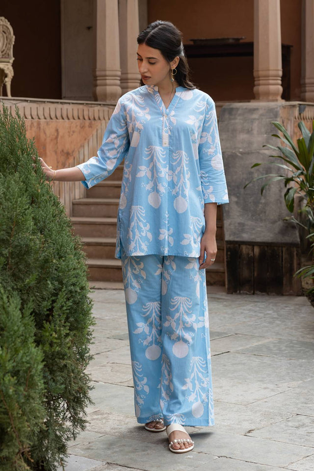 Sky Blue Floral Printed Cotton Co-Ord Set (ACA6215)