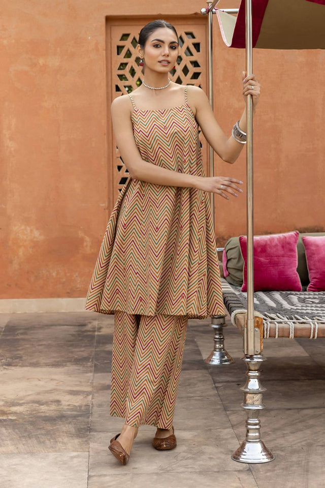 Beige Printed Cotton Co-Ord Set (ACA6219)
