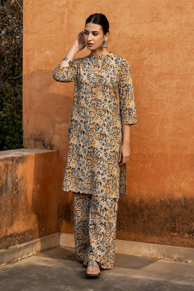 Beige Floral Printed Cotton Kurti Pant Set (ACA6220)