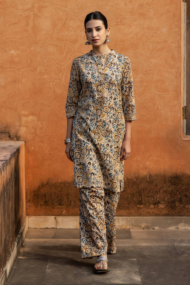 Beige Floral Printed Cotton Kurti Pant Set (ACA6220)