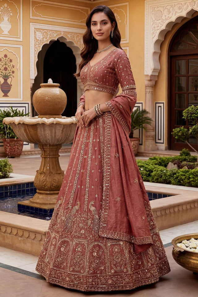 Peach Sequin with Floral Embroidered Organza Lehenga (ACA6223)