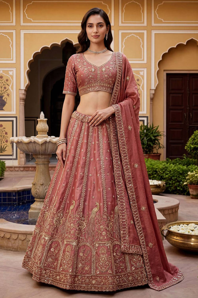 Peach Sequin with Floral Embroidered Organza Lehenga (ACA6223)