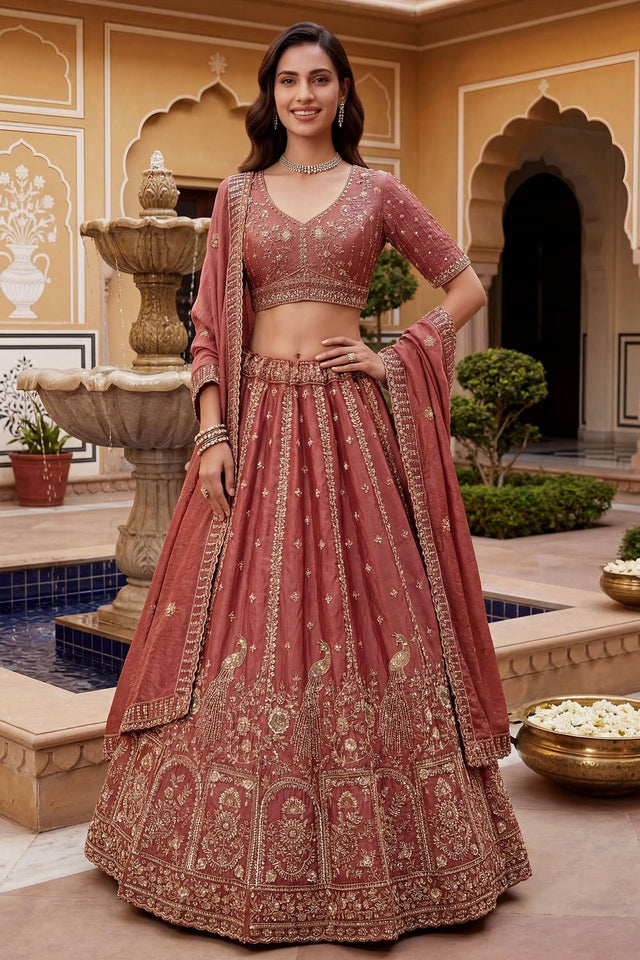 Peach Sequin with Floral Embroidered Organza Lehenga (ACA6223)