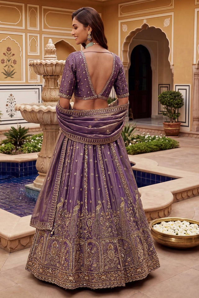 Purple Sequin with Floral Embroidered Organza Lehenga (ACA6224)