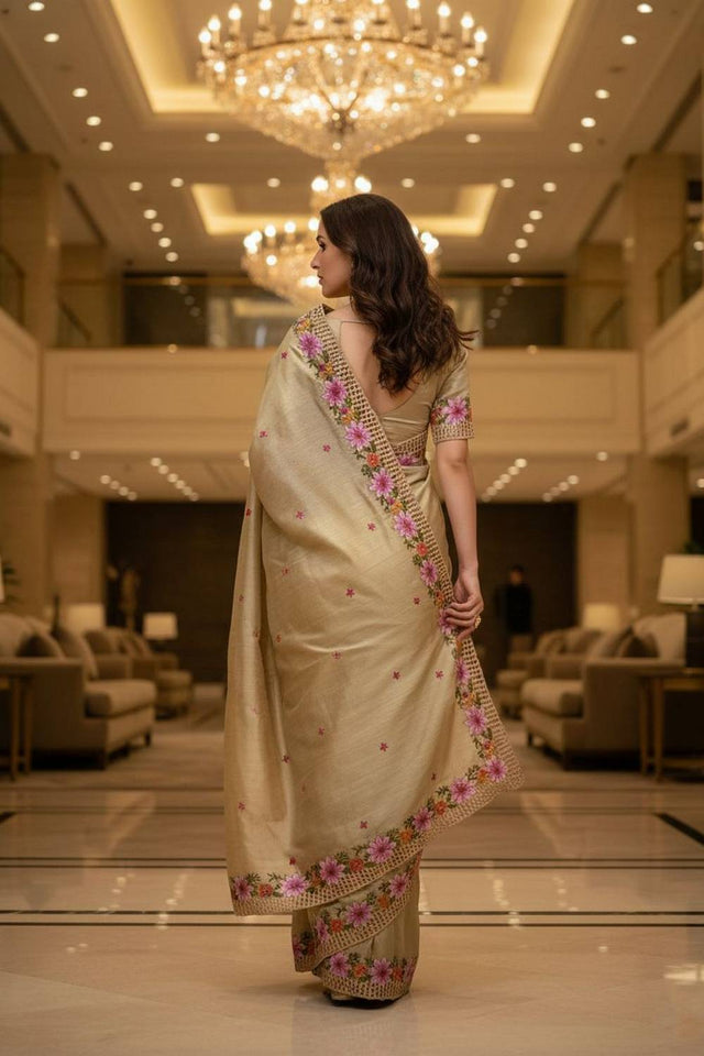 Gold Floral Embroidered Manipuri Silk Saree (ACA6227)