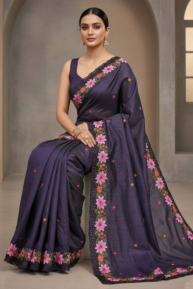Purple Floral Embroidered Manipuri Silk Saree (ACA6228)