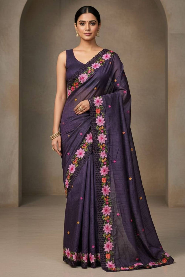 Purple Floral Embroidered Manipuri Silk Saree (ACA6228)