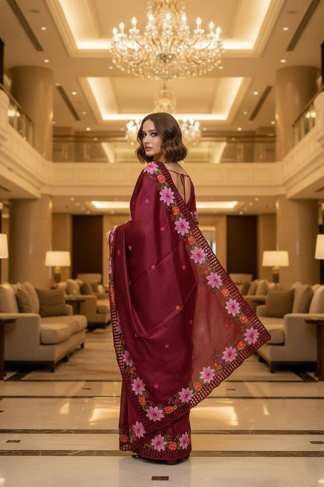 Red Floral Embroidered Manipuri Silk Saree (ACA6229)