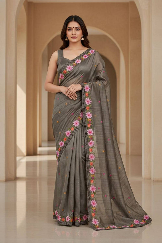 Grey Floral Embroidered Manipuri Silk Saree (ACA6230)