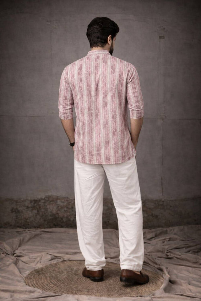 Mens Pink Printed Linen Kurta Top (ACA6232)