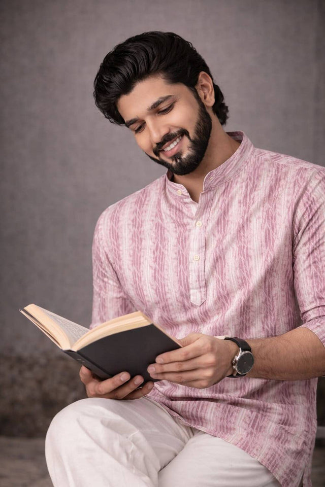 Mens Pink Printed Linen Kurta Top (ACA6232)