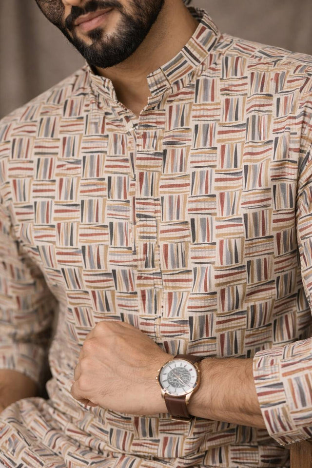 Mens White Printed Linen Kurta Top (ACA6234)