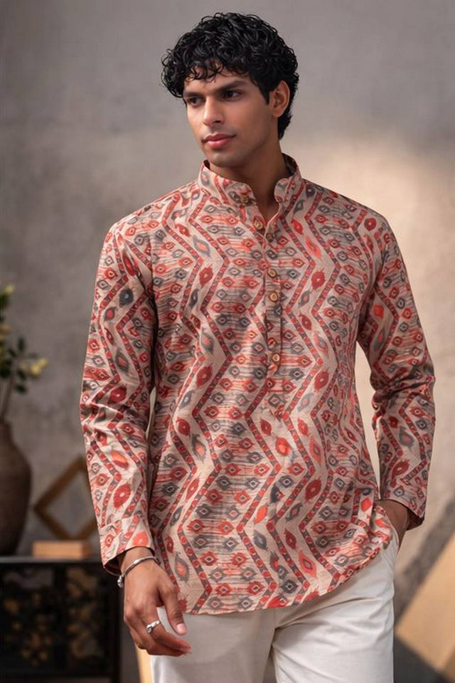 Mens Multi Color Printed Linen Kurta Top (ACA6235)