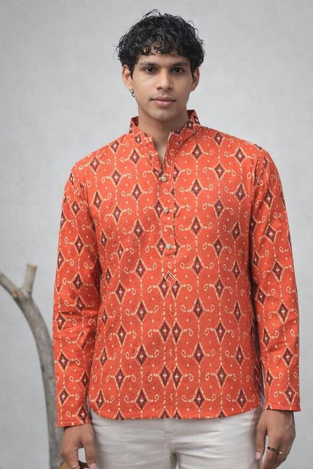 Mens Orange Printed Linen Kurta Top (ACA6237)