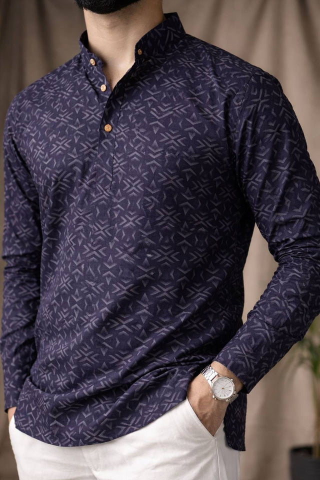 Mens Black Printed Linen Kurta Top (ACA6240)