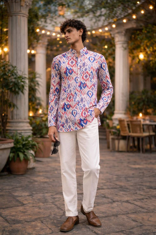 Mens Multi Color Printed Linen Kurta Top (ACA6241)