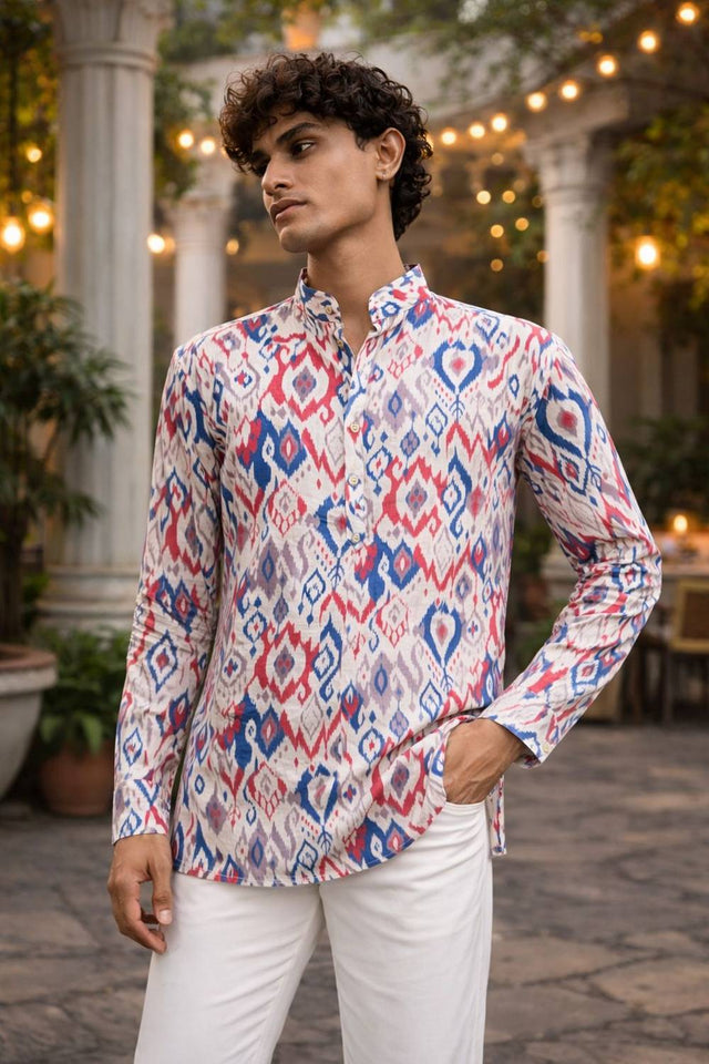 Mens Multi Color Printed Linen Kurta Top (ACA6241)