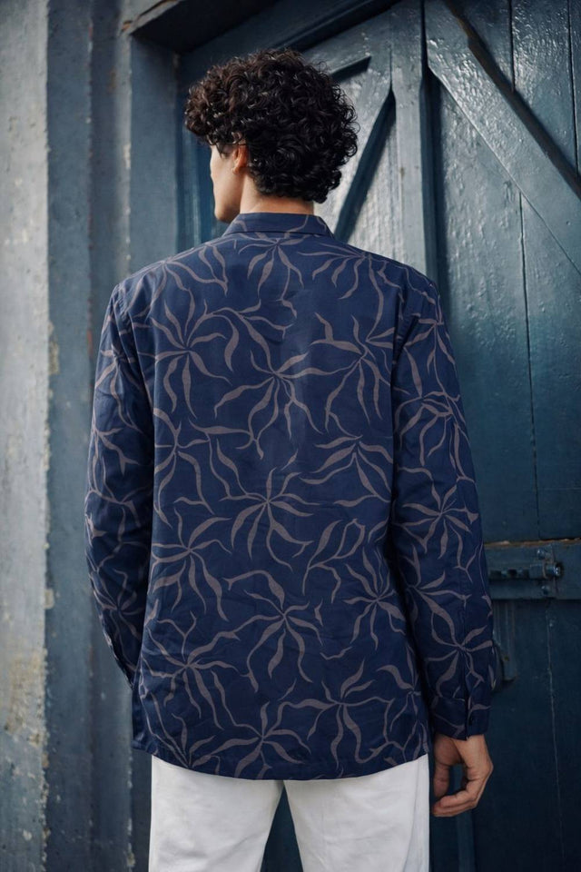 Mens Navy Blue Printed Linen Kurta Top (ACA6242)