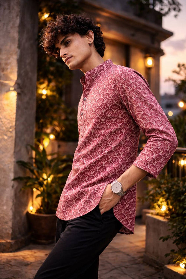 Mens Maroon Printed Linen Kurta Top (ACA6243)
