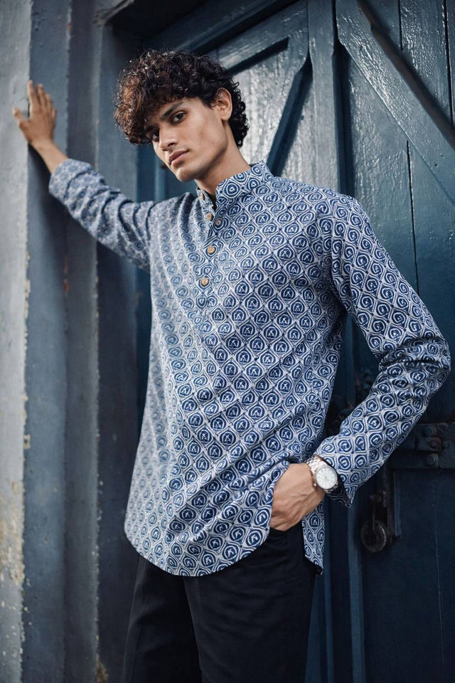 Mens Blue Printed Linen Kurta Top (ACA6244)