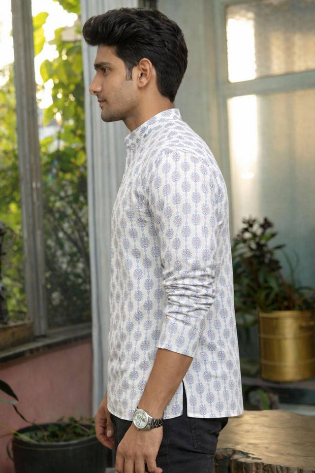 Mens White Printed Linen Kurta Top (ACA6245)